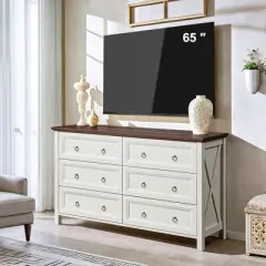 Resenkos Farmhouse 6 Drawers Dresser for Bedroom, Wood Vintage Wide Storage Dressers Organizer, Antique White