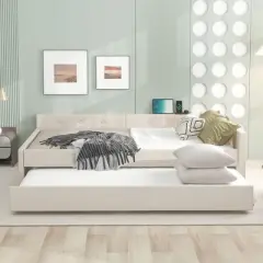 Full/Queen Size Upholstered Platform Bed with USB Ports, Modern Daybed with Trundle, Beige - ModernLuxe