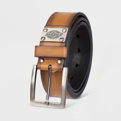 Dickies Men's Workwear Belt with Metal Logo Plaque - Brown