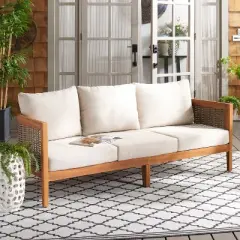 Christopher Knight Home Crowne Outdoor 76.5" Acacia Wood and Wicker 3 Seater Sofa with Cushions, Teak/Beige