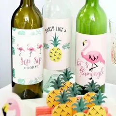 Big Dot of Happiness Pink Flamingo - Party Like a Pineapple - Tropical Summer Party Decor for Women and Men - Wine Bottle Label Stickers - Set of 4