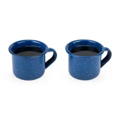 Foster & Rye Camping Mug Shot Glasses, Speckled Blue Enamel Novelty Shooters with Handle, 2.6 Oz Set of 2, Dark Blue