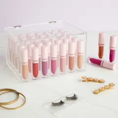 Glamlily Large Acrylic Lipstick Organizer and Lip Gloss Holder with 35 Compartments and Lid, Clear, 7.8 x 5.8 x 4.4 in