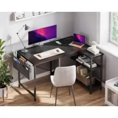 Itopfox L-Shaped Gaming Desk with Power Outlets, Reversible Shelves & PC Stand, Storage Bag for Home Office, Study Table for Small Spaces, Black