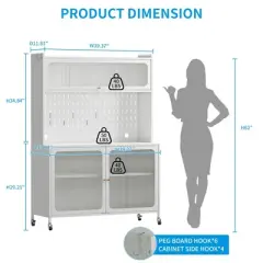 Munora - White Metal Bakers Rack with Flip Door Cabinet & Pegboard - Microwave Stand with Storage for Kitchen/Pantry