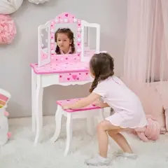 Little Princess Gisele Sweethearts Kids' Vanity with LED Lights White/Pink - Fantasy Fields by Teamson Kids: Little Girl Vanity Set, Toddler Table