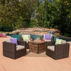 Christopher Knight Home Maaroaro Outdoor Wicker 5 Piece Swivel Club Chairs and Fire Pit Set with Cushions, Brown/Begie