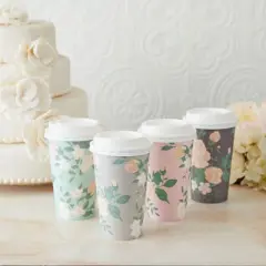 Juvale 24 Pack Disposable Floral Paper Coffee Cups with Lids 16 oz , To Go Coffee Cups for Flower-Themed Party, Wedding, Baby Shower, 4 Pastel Colors