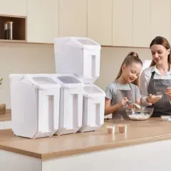 VEVOR Rice Storage Container, 3.5Gal/15Lx2 + 4.5Gal/20Lx2 Large Dog Food Dispenser Bin, with Wheels, 4 Measuring Cups, Airtight Lid, 4 Pack, White