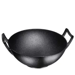 Bruntmor 14" Enameled Cast Iron Wok Nonstick Skillet Pan with Wooden Pot Lid Cover - Black