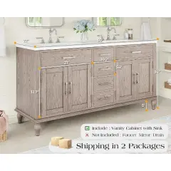 AMERLIFE 60" Bathroom Vanity, Double Sink, Solid Oak Cabinet with Adjustable Storage - Grey