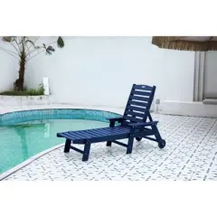 Gulches Lounge Chair Outdoor with Wood Texture, HDPE, Patio Lounge Chair with Wheels & Cup, 5 Positions, Holder for Pool, Deck, Poolside,Oversiz Blue