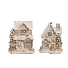 Transpac Light Up Holiday Cabin Decor Set of 2 Christmas Resin Home Decorations for Festive Cheer