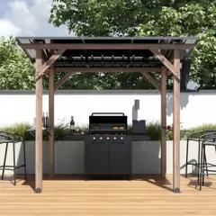 FUFU&GAGA Backyard Grill Gazebo with Cedar Wood Frame and Steel Roof, Outdoor BBQ Station with Bars