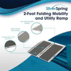 Silver Spring Mobility and Utility Ramp, 2 Foot Long Single Folding Textured Grit Traction Surface, 600 lb Capacity with 2 Inch Side Rails, Silver