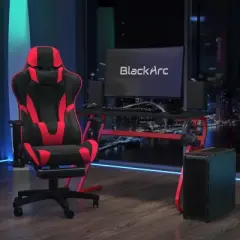 BlackArc Echo Gaming Desk & Chair Set: Black & Red Faux Leather Reclining Gaming Chair; Gaming Desk with Headphone Hook and Cupholder