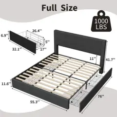 Bed Frame with 4 Storage Drawers, Platform Bed Frame with Upholstered Channel Tufted Wingback Headboard, Strong Wooden Slats Support