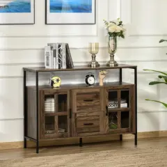 HOMCOM Rustic Kitchen Sideboard, Serving Buffet Storage Cabinet with Adjustable Shelves, Glass Doors, and 2 Drawers for Living Room