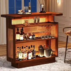 Tribesigns Rattan Home Bar Unit, Farmhouse 4-Tier Mini Bar Table with 4 Stemware Racks and Heightened Base, Liquor Bar Cabinet for Home Pub
