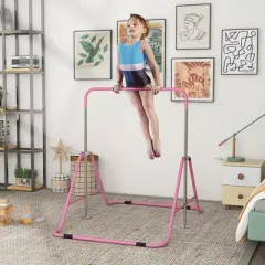 NAYSAYE Exercise Trainer Folding Gymnastics Bar with Shock Absorption Adjustable Height for Kids Home Use, Pink, 58.30"*41.30"*50.50"