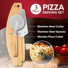 Granitestone Piezano 3-Piece Pizza Serving Set &ndash; Stainless Steel and Wood Utensils for Effortless Pizza Cutting and Serving