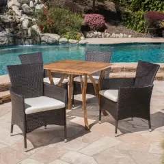 Christopher Knight Home Tyson Outdoor Acacia Wood and Wicker 5 Piece Dining Set with Cushions