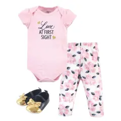 Little Treasure Baby Girl Cotton Bodysuit, Pant and Shoe 3pc Set, Love At First Sight