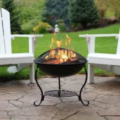 Sunnydaze Outdoor Camping or Backyard Steel Round Raised Fire Pit on Stand with Spark Screen - 18" - Black