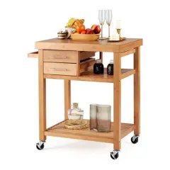 EROMMY Multipurpose Rolling Bamboo Wood Kitchen Island Trolley Cart with 2 Drawers, Open Storage Shelves, Towel Rack, and Locking Wheels, Natural