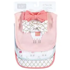 Hudson Baby Infant Girl Cotton Bib and Headband or Caps Set, Llama, One Size