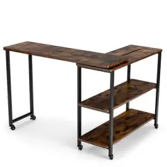 Costway Patented Large 360 Degree Free Rotating Sofa Side Table with Wheels Storage Shelf Rustic Brown