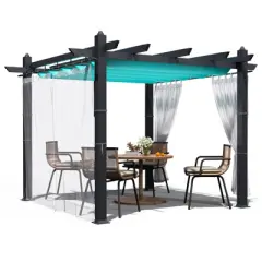 10x10 FT Outdoor Pergola, Retractable Pergola with Adjustable Canopy, Aluminum Pergola, 4 White Curtains, for Patio, Gardens, Backyard