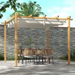 Outsunny Outdoor Retractable Pergola, Heavy Duty Wood Grain Aluminum with Weather Resistant Fabric Sun Shade Canopy, Patio Shelter