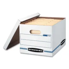 Bankers Box STOR/FILE Basic-Duty Storage Boxes, Letter/Legal Files, 12.5" x 16.25" x 10.5", White/Blue, 4/Carton