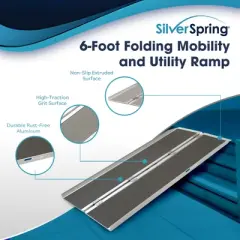 Silver Spring Mobility and Utility Ramp, 6 Foot Long Single Folding Textured Grit Traction Surface, 600 lb Capacity with 2 Inch Side Rails, Silver