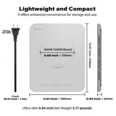 ZACHVO 0.94 Inches Slim,12 Inches W,1200W Max Portable 1-Burner White Induction Cooktop with 9 Power Levels, Touch Control, Multi-Protection