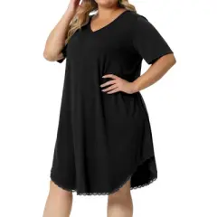 Agnes Orinda Women's Plus Size V Neck Short Sleeve Lace Trim Hem Nightgown