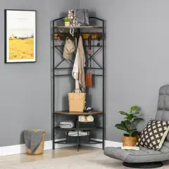 HOMCOM Industrial Corner Hall Tree with Shoe Bench, Entryway Coat Rack, Freestanding Coat Tree with 6 Double Hooks, Rustic Brown