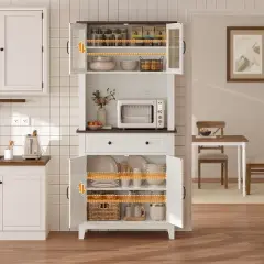 72" Tall Farmhouse Pantry Cabinet with Doors and Drawer, Adjustable Shelves Storage Hutch, Freestanding Kitchen Coffee Bar, White+Brown