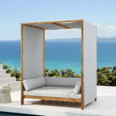 Scott Living Dara Outdoor Acacia Wood Daybed with Canopy and Curtains, Washable Cushions and Detachable Pillows