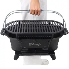 DSVIMOY Outdoor Oval Grill, Outdoor Portable Grill with Tabletop Skillet and Handles for Camping, Black, 19.6"*10.6"*8.2"