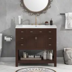 36" Contemporary Bathroom Vanity with Top Sink, 2 Soft Close Doors, and 6 Drawers - ModernLuxe