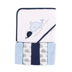 Luvable Friends Baby Boy Hooded Towel with Five Washcloths, Whale, One Size