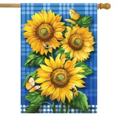 Blue Sunflowers Summer House Flag Plaid Floral 28" x 40" Briarwood Lane