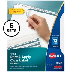 Avery Print & Apply Clear Label Dividers w/White Tabs 12-Tab Letter 5 Sets 11429