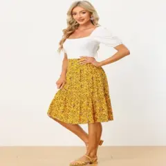 Allegra K Women's Floral Print Ruffle Hem High Elastic Waist Casual A-Line Midi Skirt