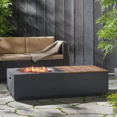 KWPZQEB Outdoor Rectangular Fire Table with Storage, Lightweight Concrete Fire Pit Table with Removable Tabletop for Garden, Patio, Backyard, Brown