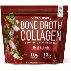 Bone Broth Collagen, Protein & Collagen Supplement for Joints, Skin, & Gut Health, Mushroom Bone Broth, Beef Bone Broth, Vitauthority, 15 Servings