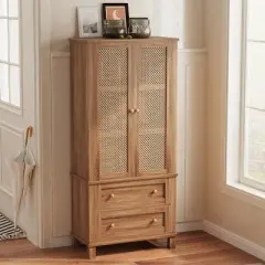 High Freestanding Tall Kitchen Pantry, Kitchen Pantry Storage Cabinet with Rattan Doors, Adjustable Shelf and 2 Drawers, Freestanding Cupboard