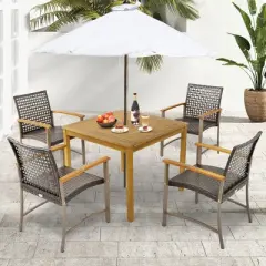 Tangkula 5 PCS Patio Dining Set Acacia Wood Table w/ 1.9" Umbrella Hole Wicker Armchairs